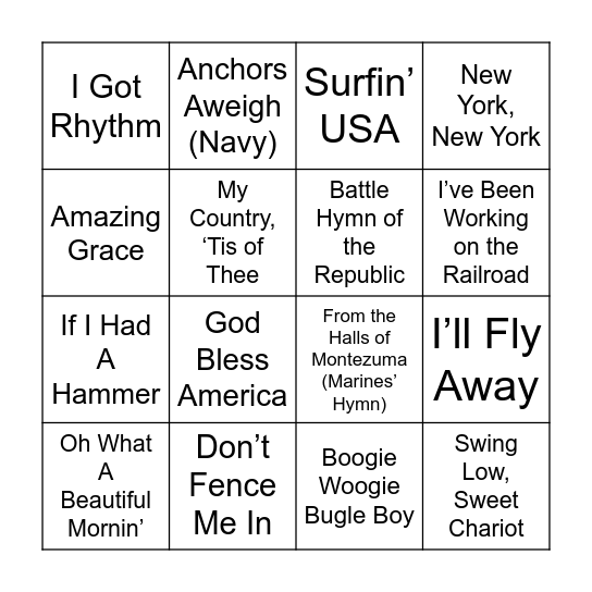 Americana Bingo Card