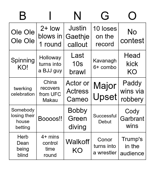 UFC 329 Unhinged bingo card Bingo Card