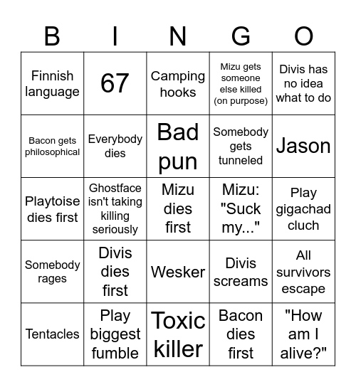 DBD Bingo (credit to ValloVT) Bingo Card