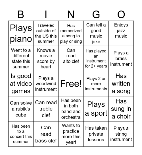 Summer Music Bingo Card