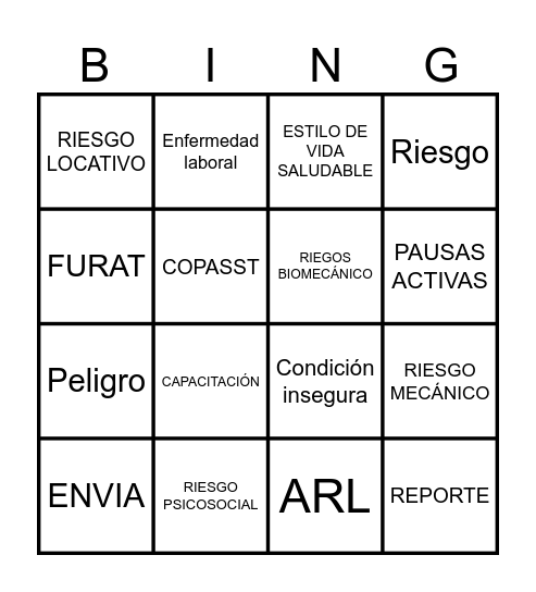 SEGURIDAD Y SALUD EN EL TRABAJO Bingo Card