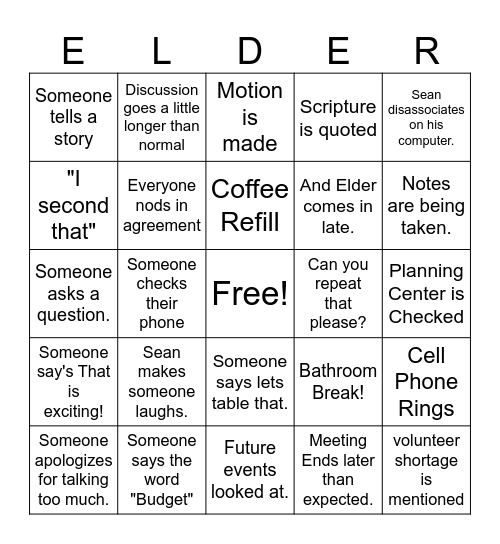 Elder's Meeting Bingo Card