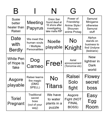 Deltarune Chapter 5 Bingo Card