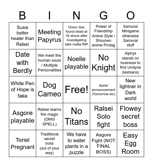 Deltarune Chapter 5 Bingo Card