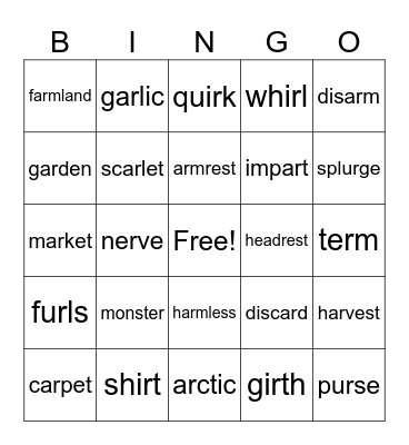 Vowel R Bingo Card