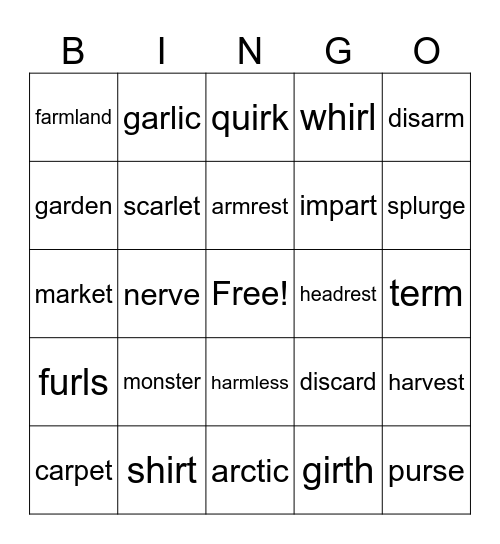 Vowel R Bingo Card