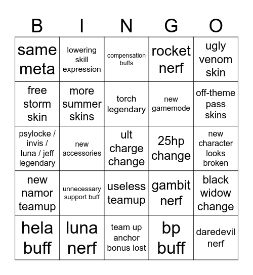 Rivals season 9 Bingo Card