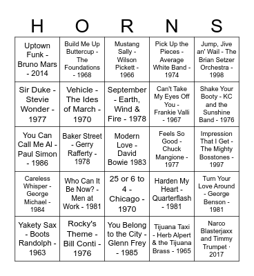 SONGS WITH HORNS! Bingo Card