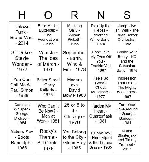 SONGS WITH HORNS! Bingo Card