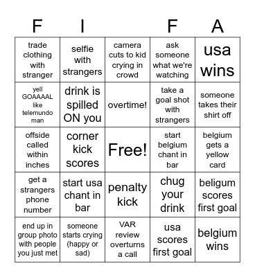 USA vs Belgium Bingo Card