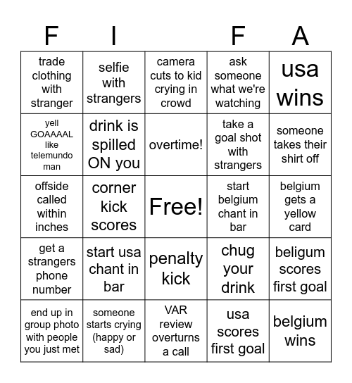 USA vs Belgium Bingo Card