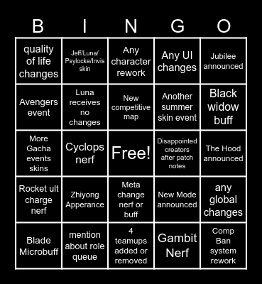 Season 9 Marvel Rivals Bingo Card