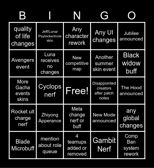 Season 9 Marvel Rivals Bingo Card