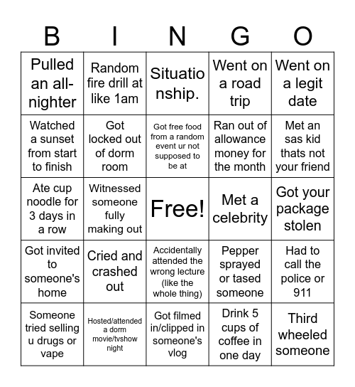 first year uni bingo Card