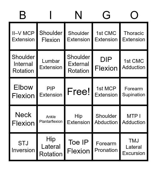 Movements Bingo Card