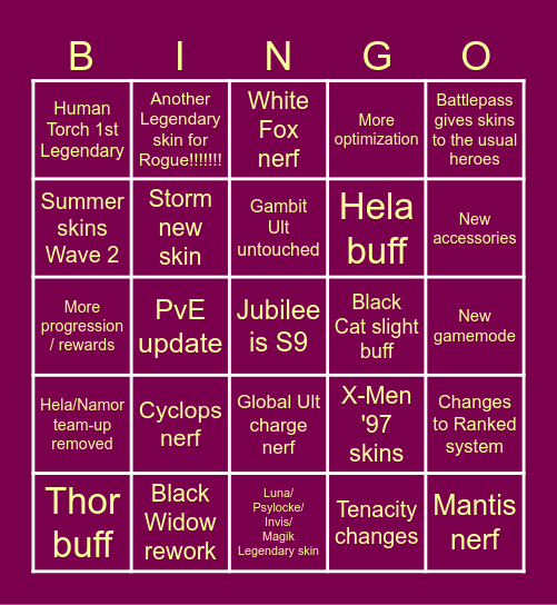 Rivals S9 Bingo Card