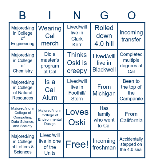 UC Berkeley Summer Welcome Party Bingo Card