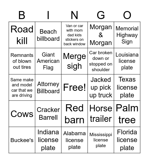 Florida Trip Bingo Card