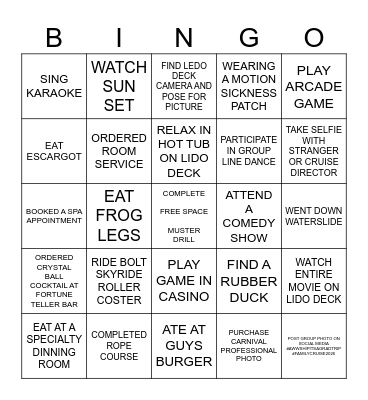 Family Grad Cruise Bingo Card