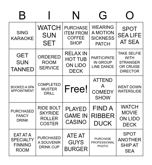 Family Grad Cruise Bingo Card