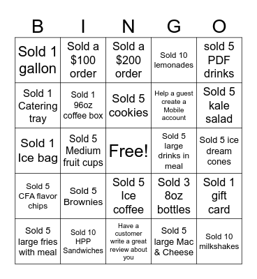 Chick-fil-A Sales Bingo Card