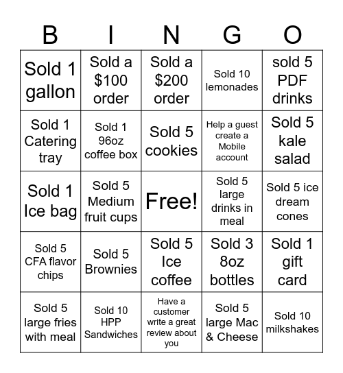 Chick-fil-A Sales Bingo Card