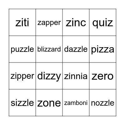 Sight Z-words Bingo Card