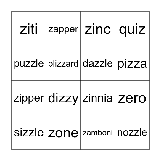 Sight Z-words Bingo Card