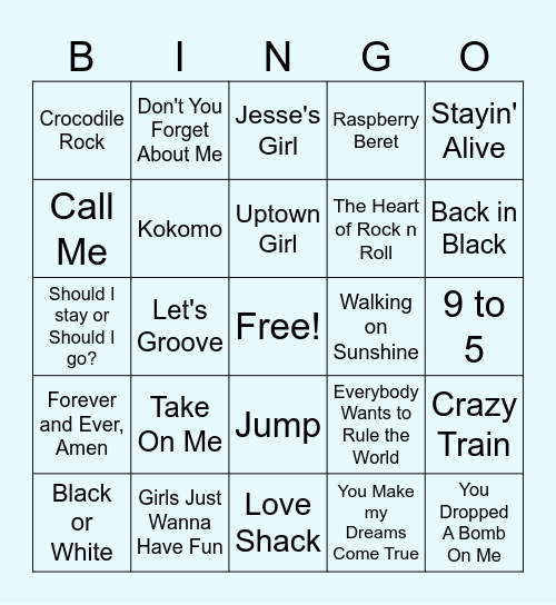 80's Top Hits Bingo Card