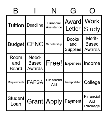 Financial Aid Bingo Card