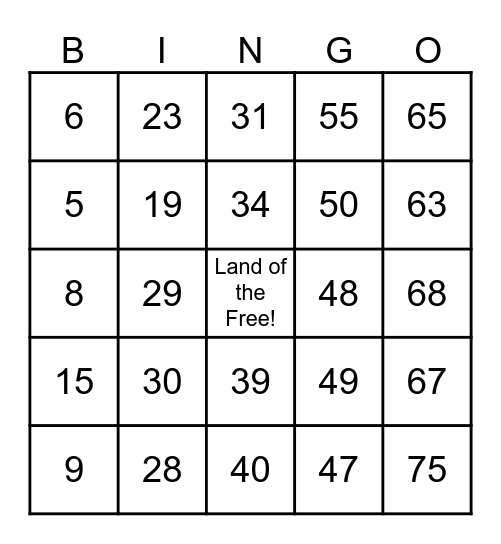 8th of July Bingo Card