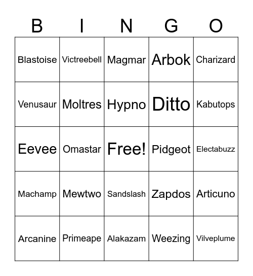 Pokemon Bingo Card
