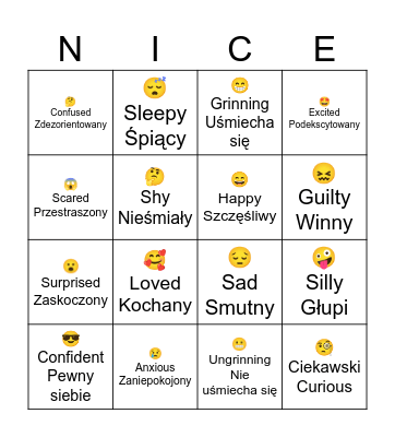 Emotions/Feelings Emoji Bingo - English and Polish Bingo Card