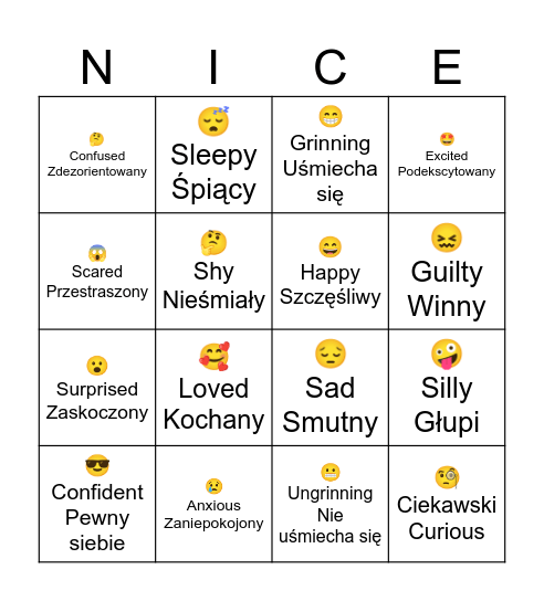 Emotions/Feelings Emoji Bingo - English and Polish Bingo Card