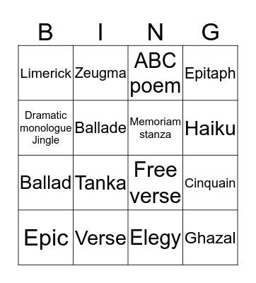 Bingo "Poems" Bingo Card