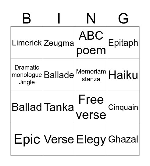 Bingo "Poems" Bingo Card