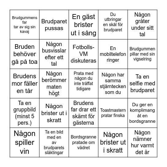 Fine & Bennes bröllopsbingo 17.7.2026 Bingo Card