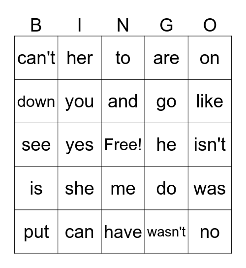 Kindergarten Sight Word Bingo Card