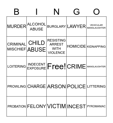 ABC's OF CRIME Bingo Card