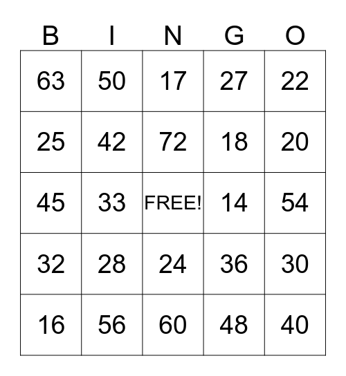 Multiplication Bingo Card