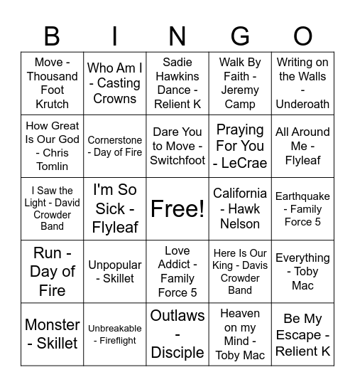 2000's Youth Group Bingo Card