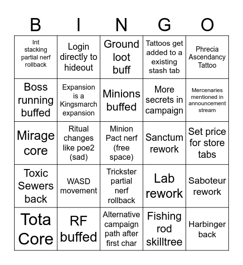 POE 3.29 Bingo Card