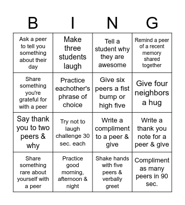 ESL Student Icebreaker Acts of Kindness Bingo Card