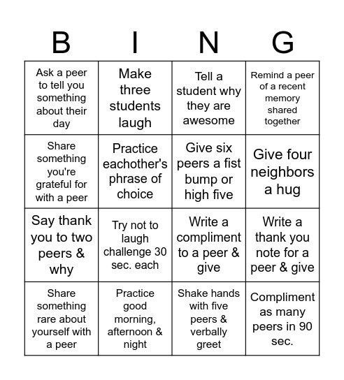 ESL Student Icebreaker Acts of Kindness Bingo Card