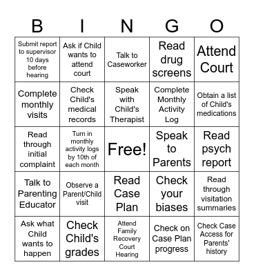 CASA Duties Bingo Card
