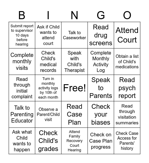 CASA Duties Bingo Card