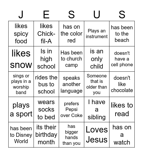 Youth Ministry Meet and Greet Bingo Card