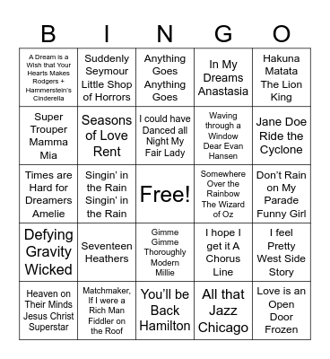 Musical Theatre Bingo Card