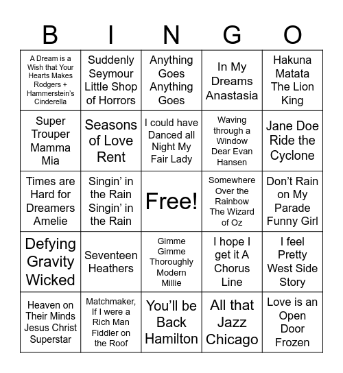 Musical Theatre Bingo Card