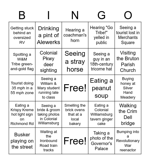 Williamsburg Bingo Card